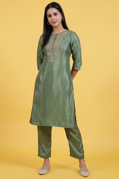 W for Woman Light Green Embroidered Shantung Straight Kurta