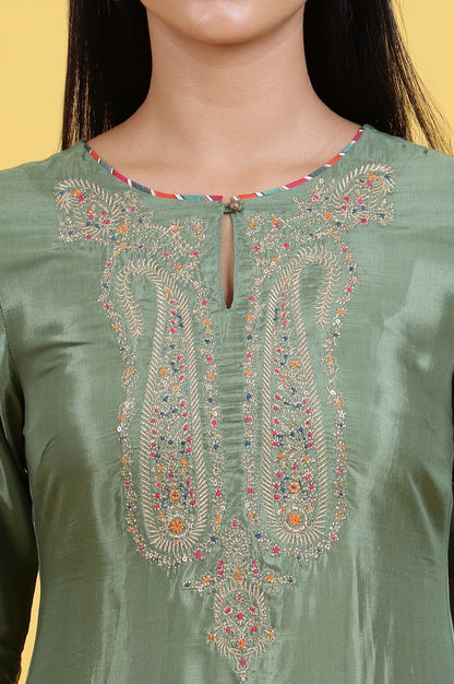 W for Woman Light Green Embroidered Shantung Straight Kurta