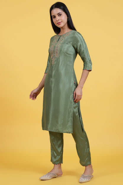 W for Woman Light Green Embroidered Shantung Straight Kurta