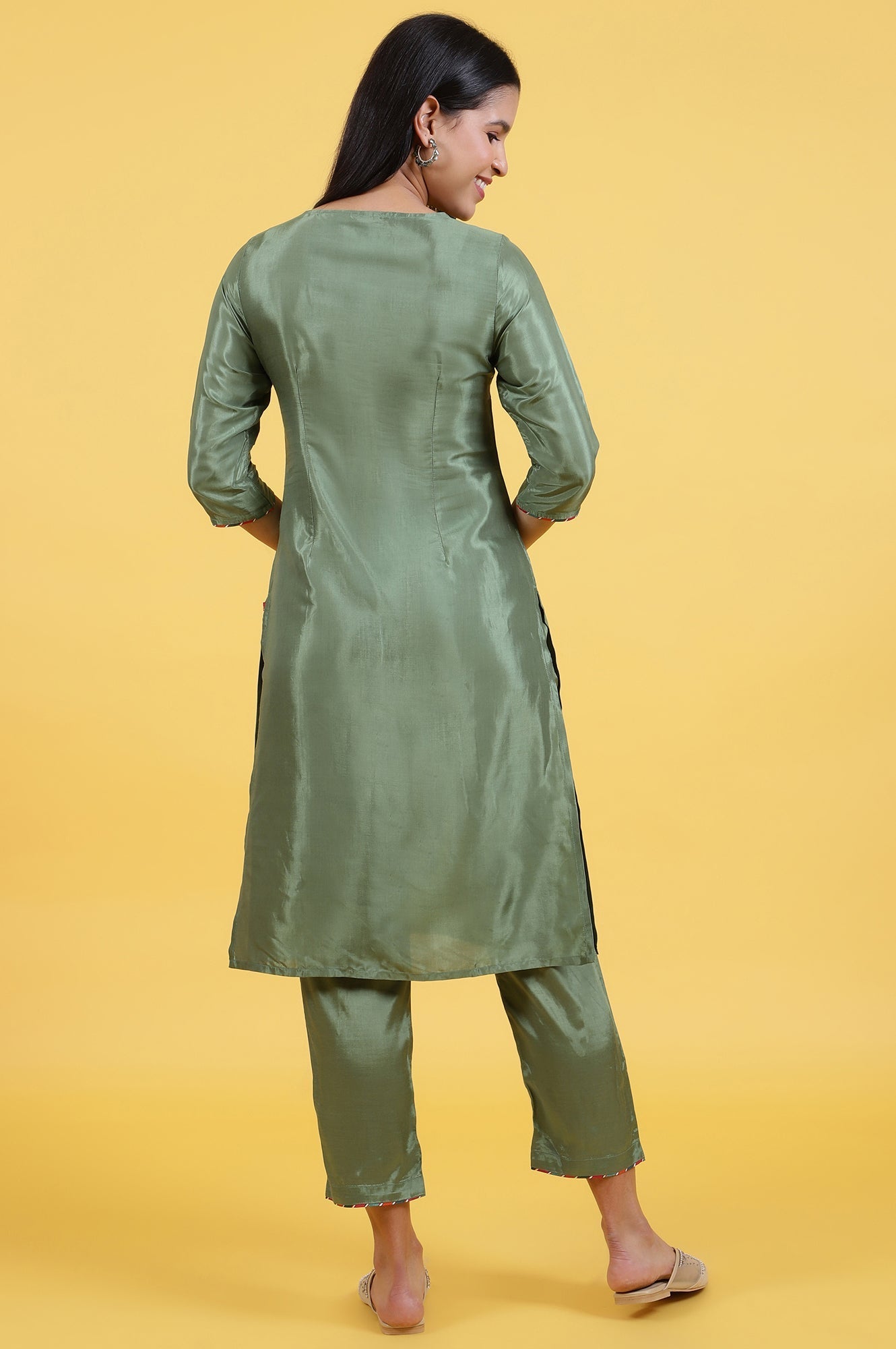 W for Woman Light Green Embroidered Shantung Straight Kurta