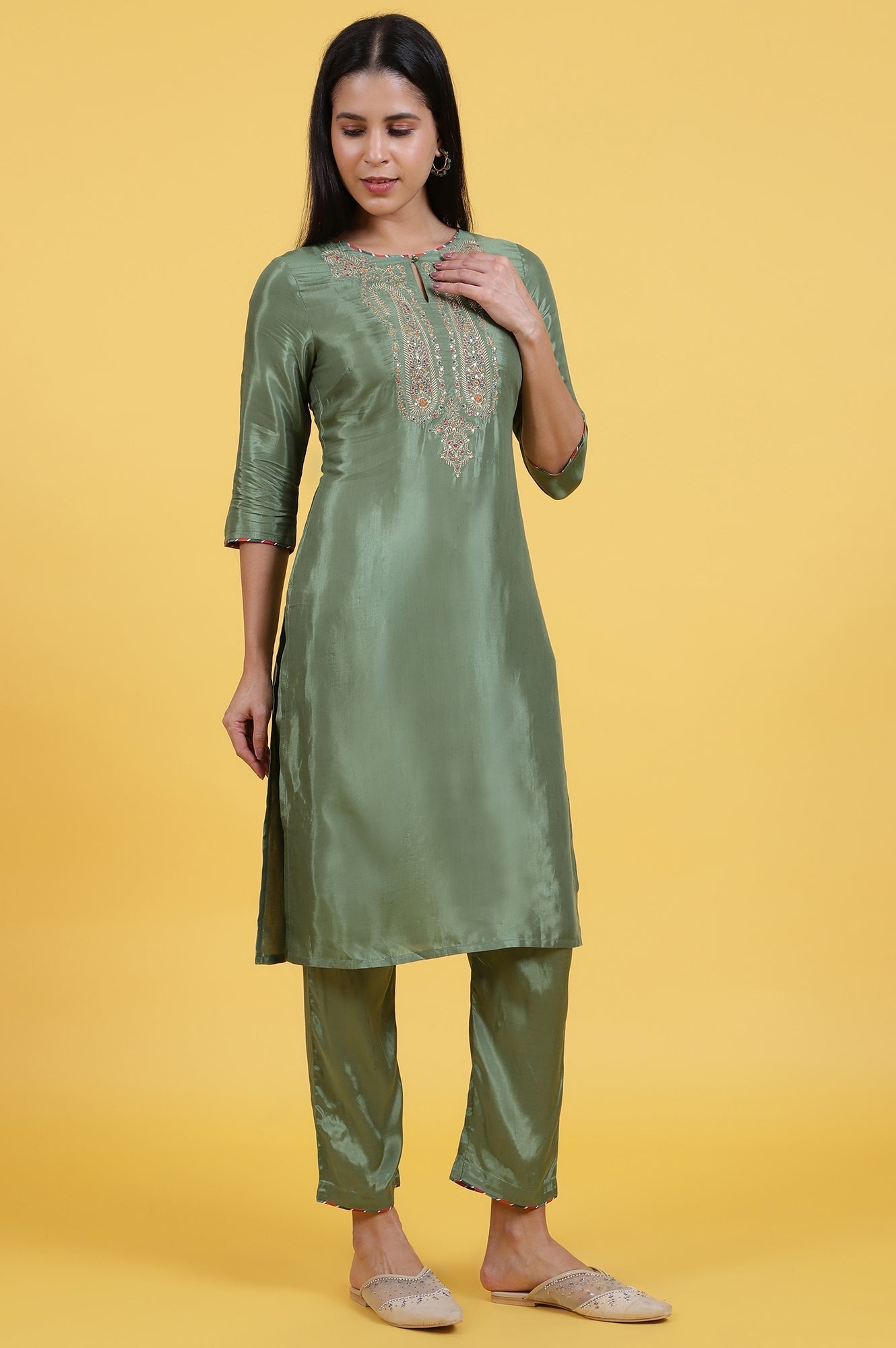 W for Woman Light Green Embroidered Shantung Straight Kurta