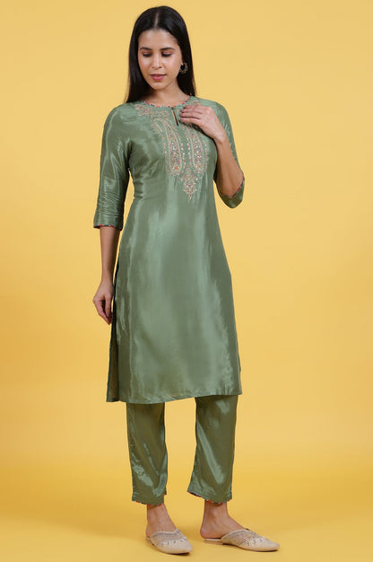 W for Woman Light Green Embroidered Shantung Straight Kurta