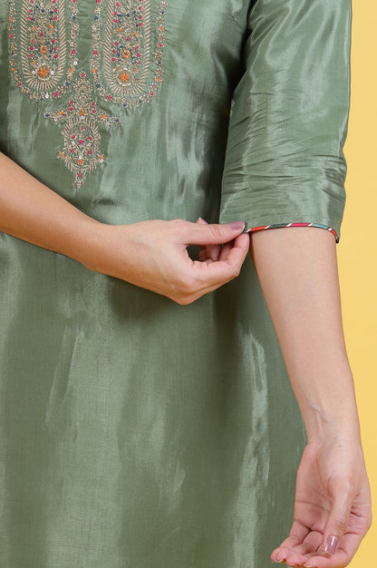 W for Woman Light Green Embroidered Shantung Straight Kurta