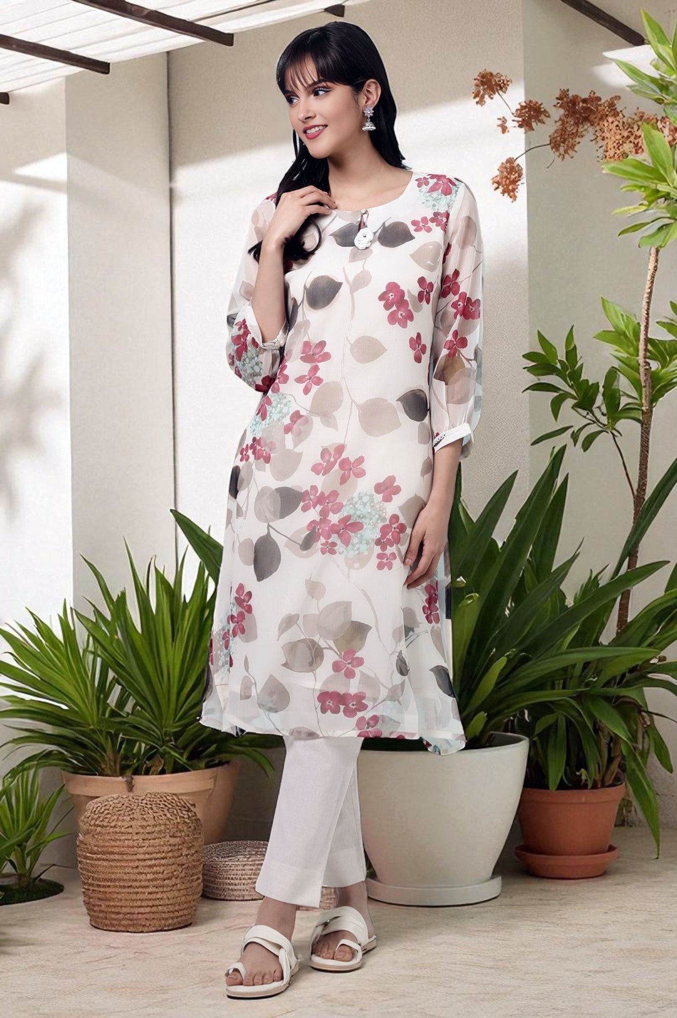 W for Woman Off-White Floral Printed Chiffon Straight Kurta with Lace