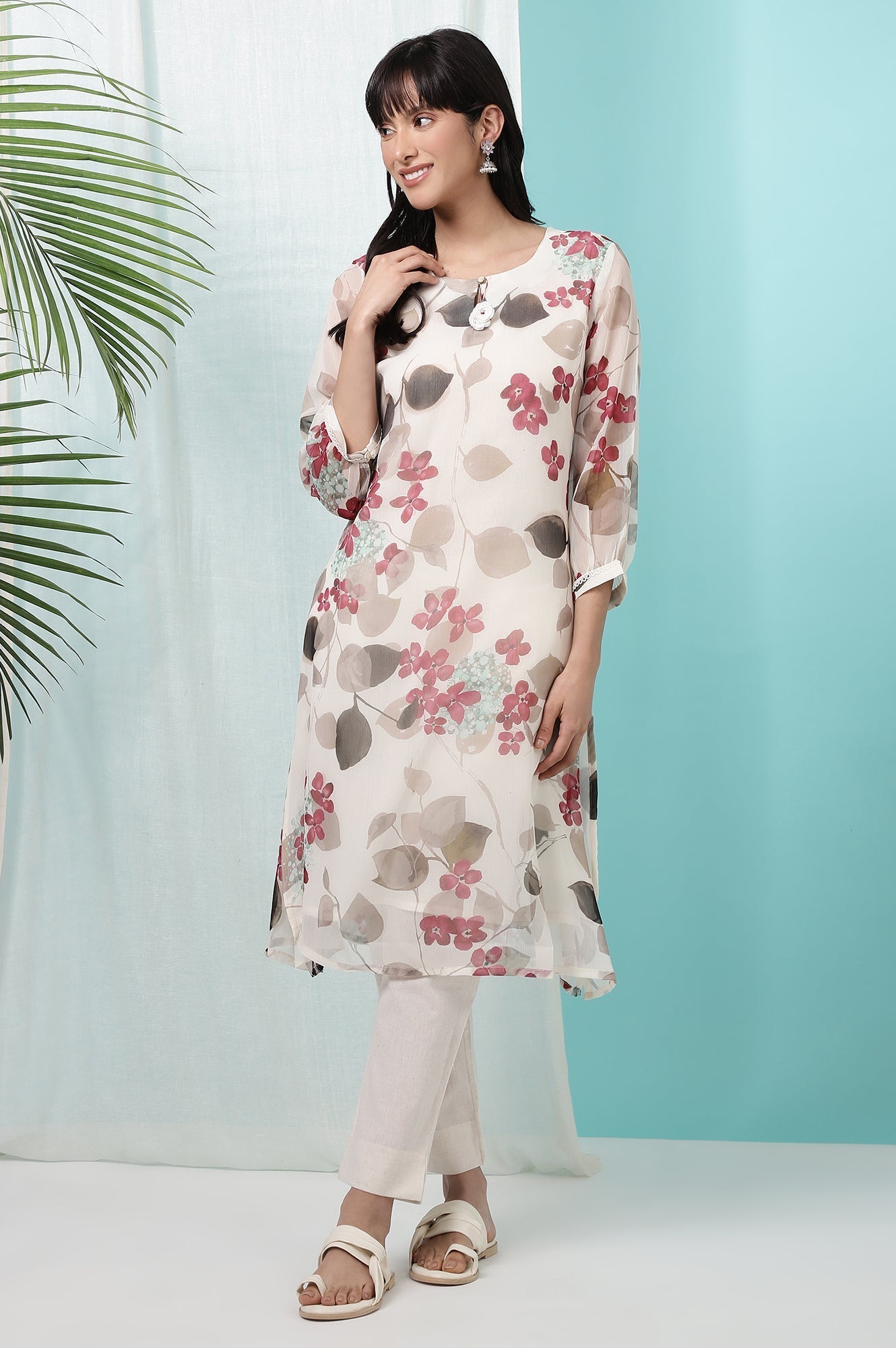 W for Woman Off-White Floral Printed Chiffon Straight Kurta with Lace