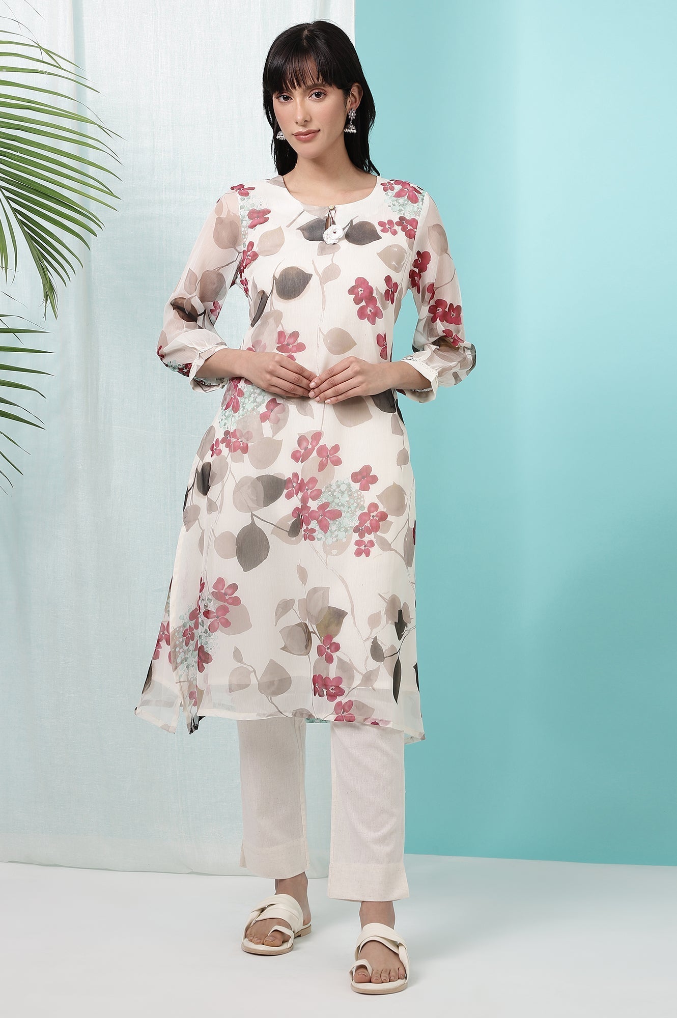 W for Woman Off-White Floral Printed Chiffon Straight Kurta with Lace