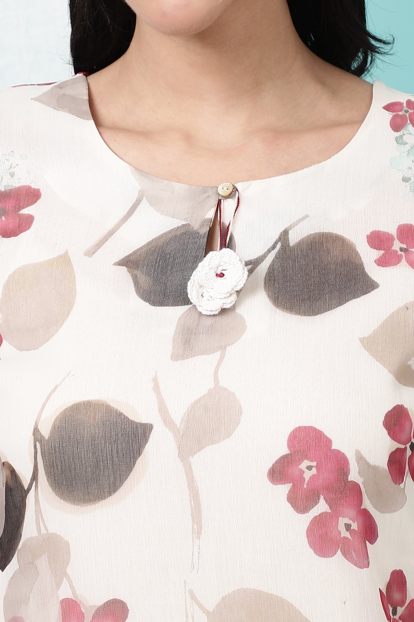 W for Woman Off-White Floral Printed Chiffon Straight Kurta with Lace