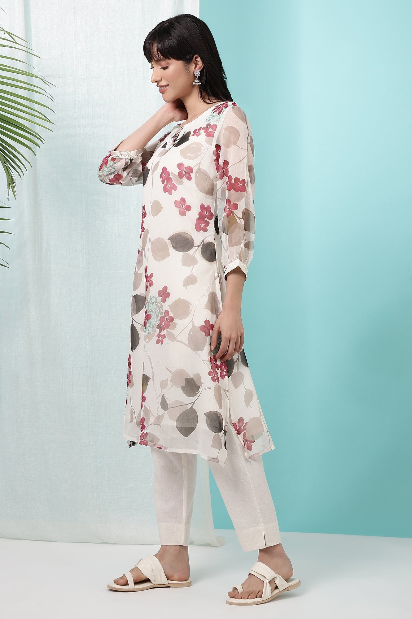 W for Woman Off-White Floral Printed Chiffon Straight Kurta with Lace