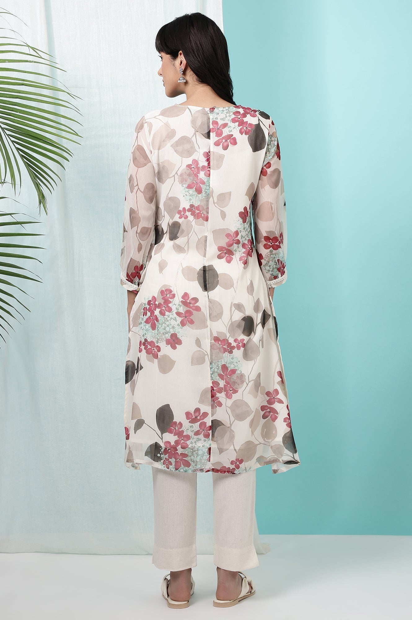 W for Woman Off-White Floral Printed Chiffon Straight Kurta with Lace