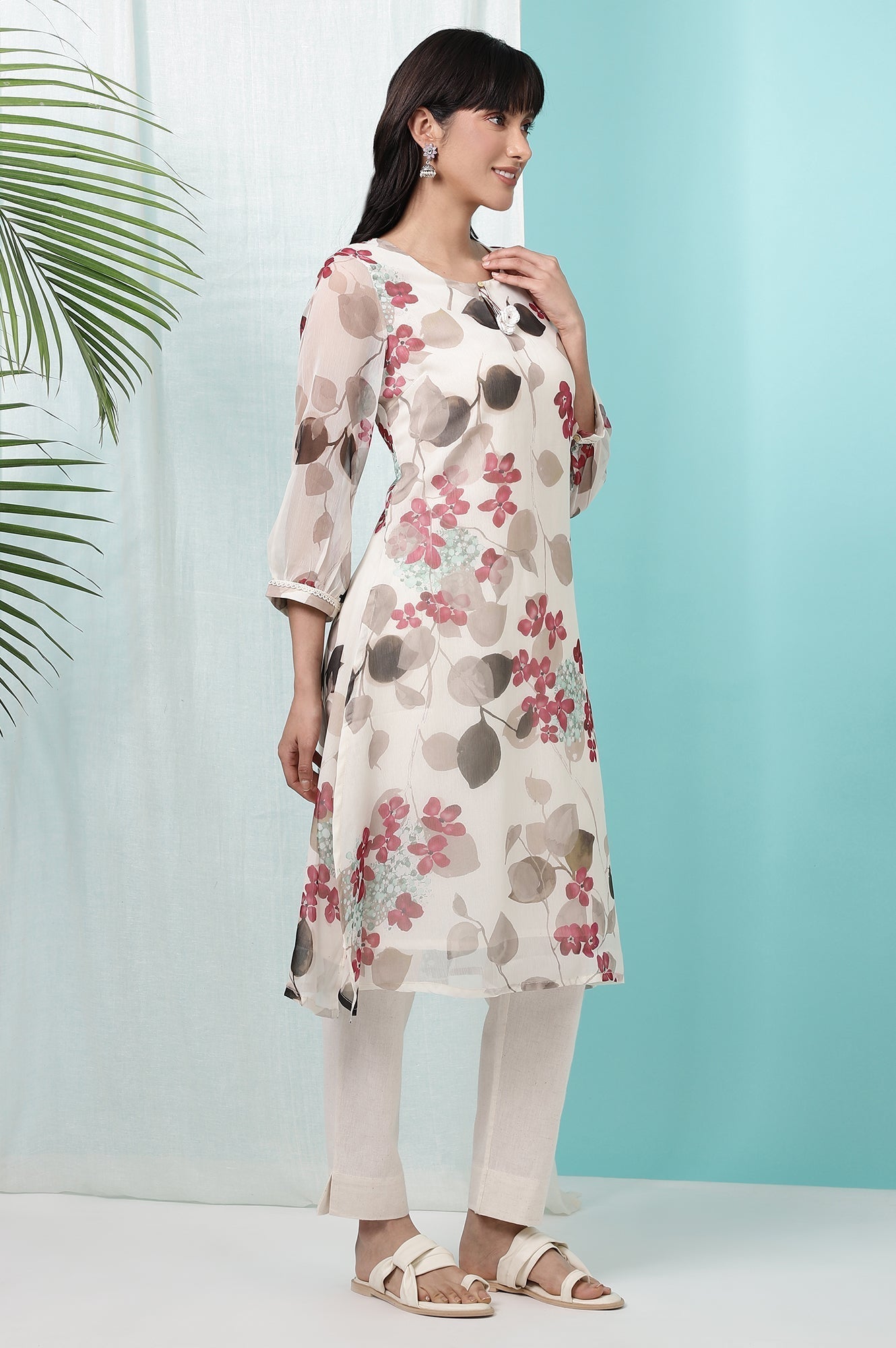 W for Woman Off-White Floral Printed Chiffon Straight Kurta with Lace