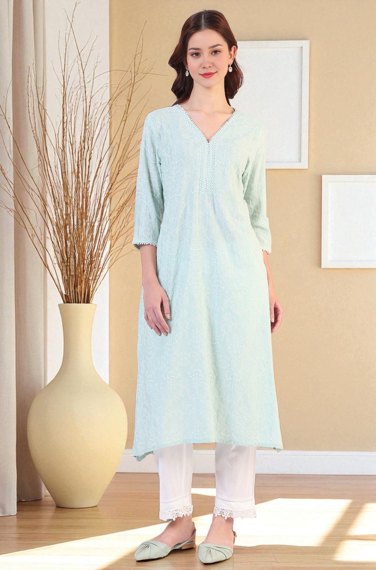W for Woman Blue Schiffli Embroidered Straight Rayon Kurta
