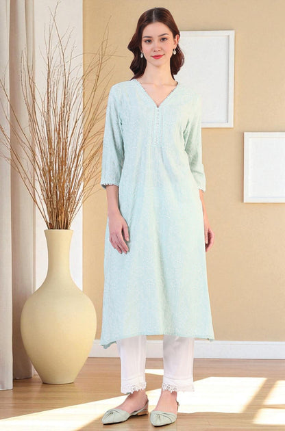 W for Woman Blue Schiffli Embroidered Straight Rayon Kurta