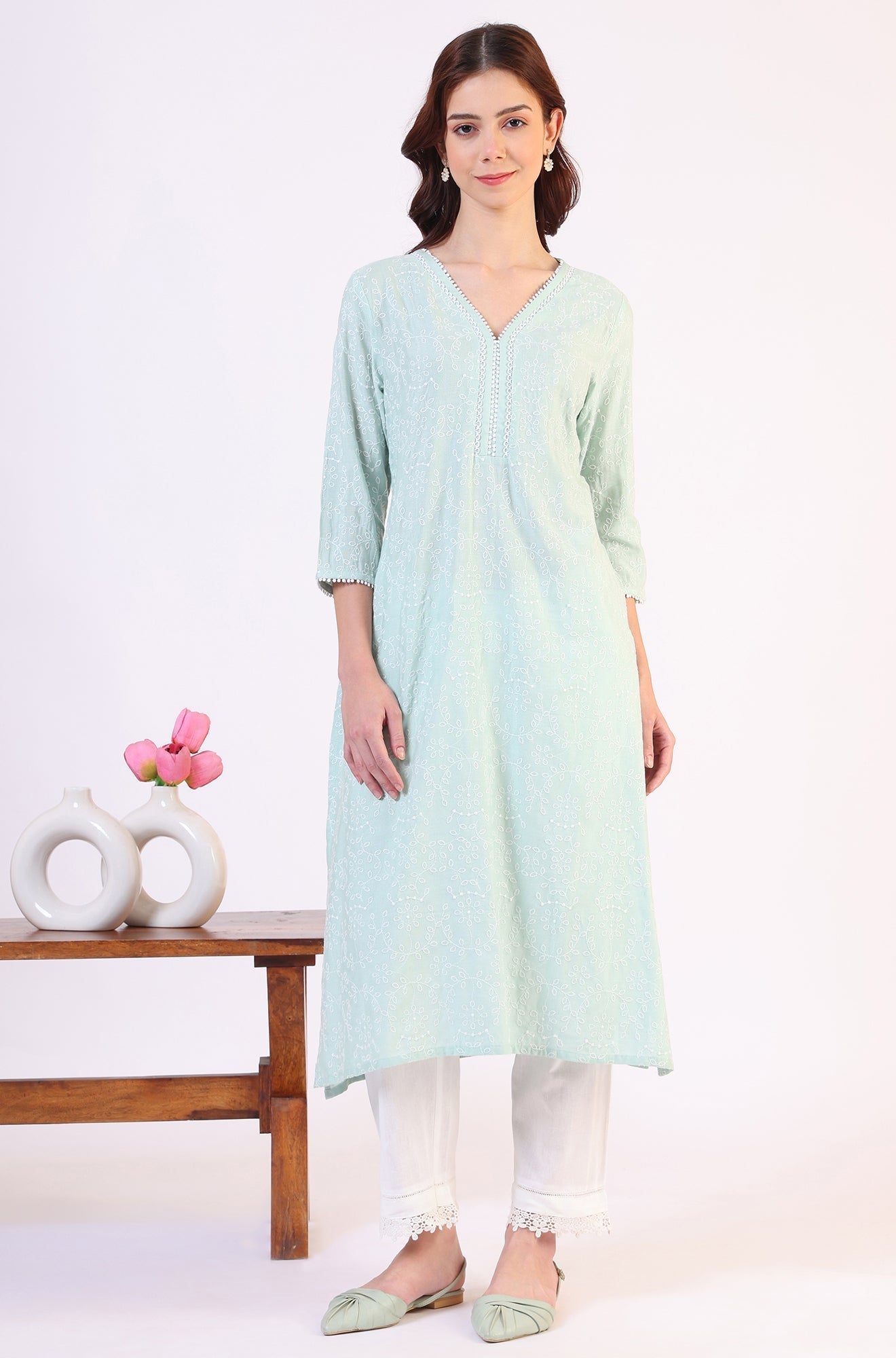 W for Woman Blue Schiffli Embroidered Straight Rayon Kurta