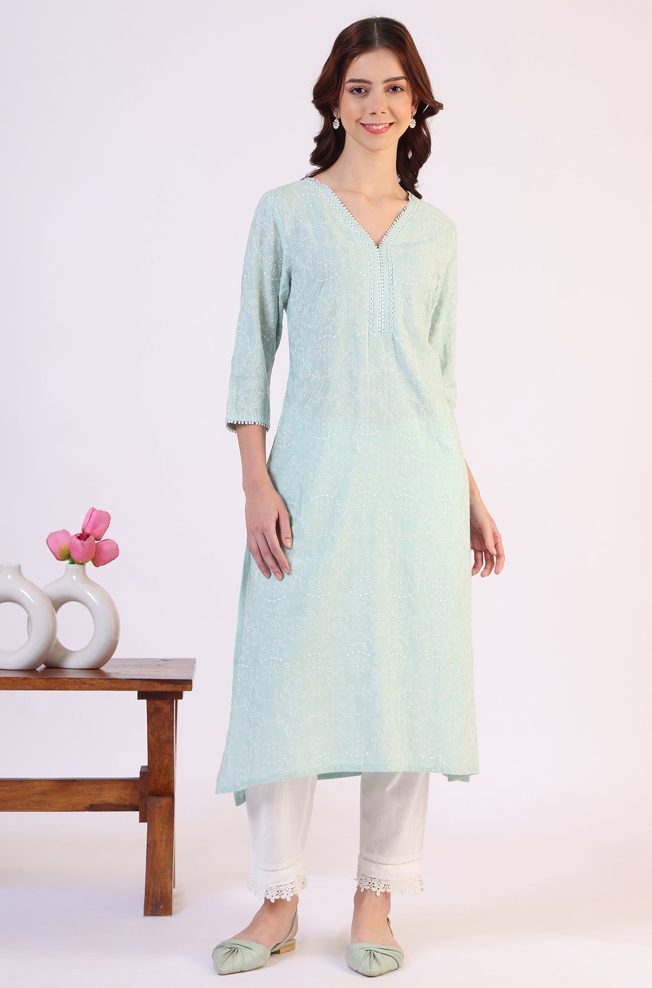 W for Woman Blue Schiffli Embroidered Straight Rayon Kurta