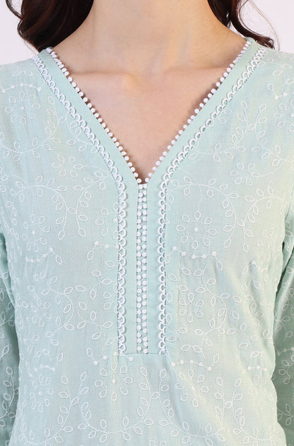 W for Woman Blue Schiffli Embroidered Straight Rayon Kurta