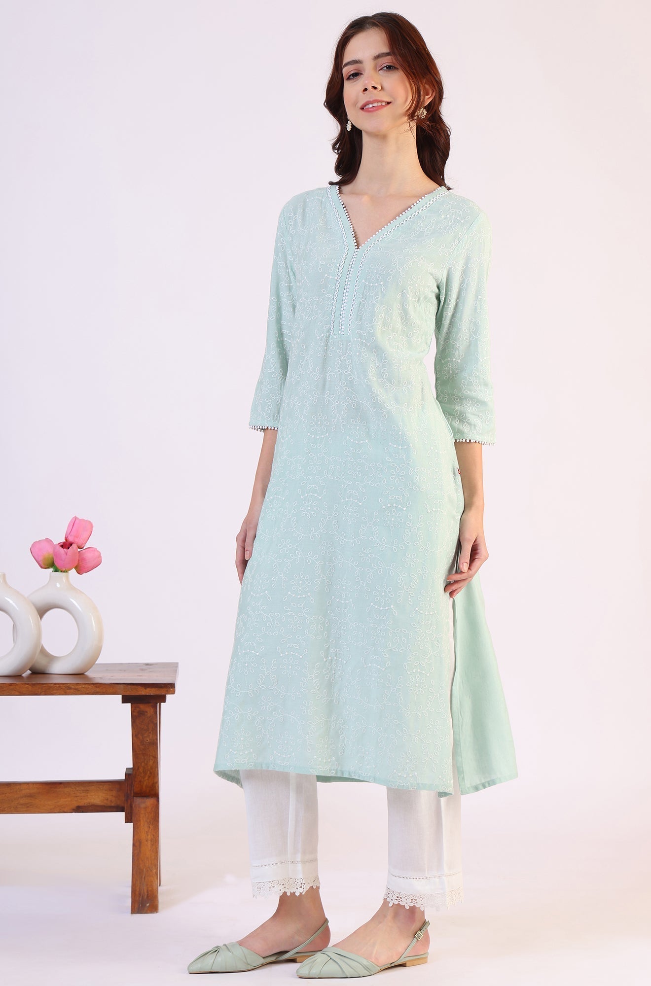 W for Woman Blue Schiffli Embroidered Straight Rayon Kurta