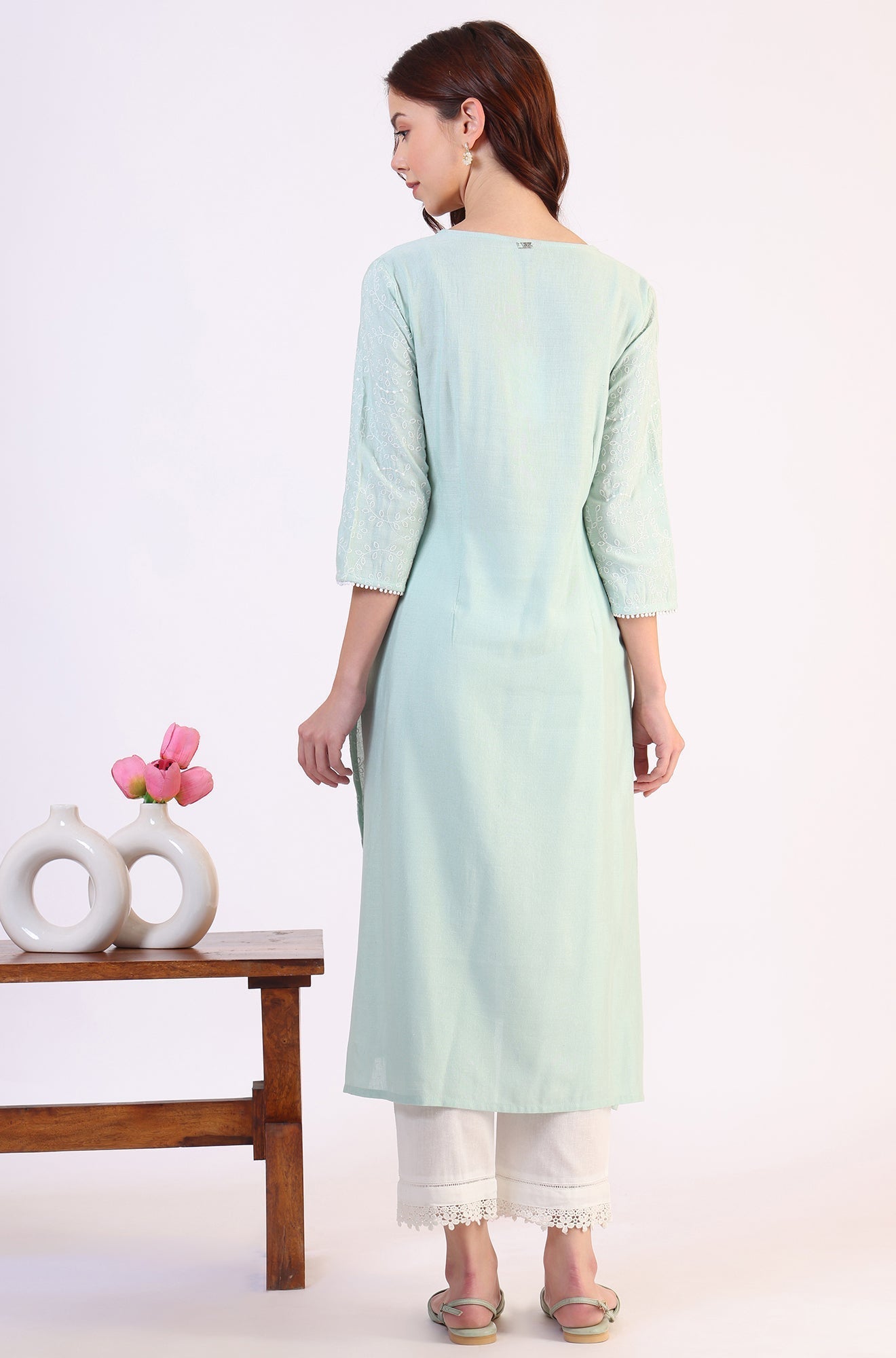 W for Woman Blue Schiffli Embroidered Straight Rayon Kurta