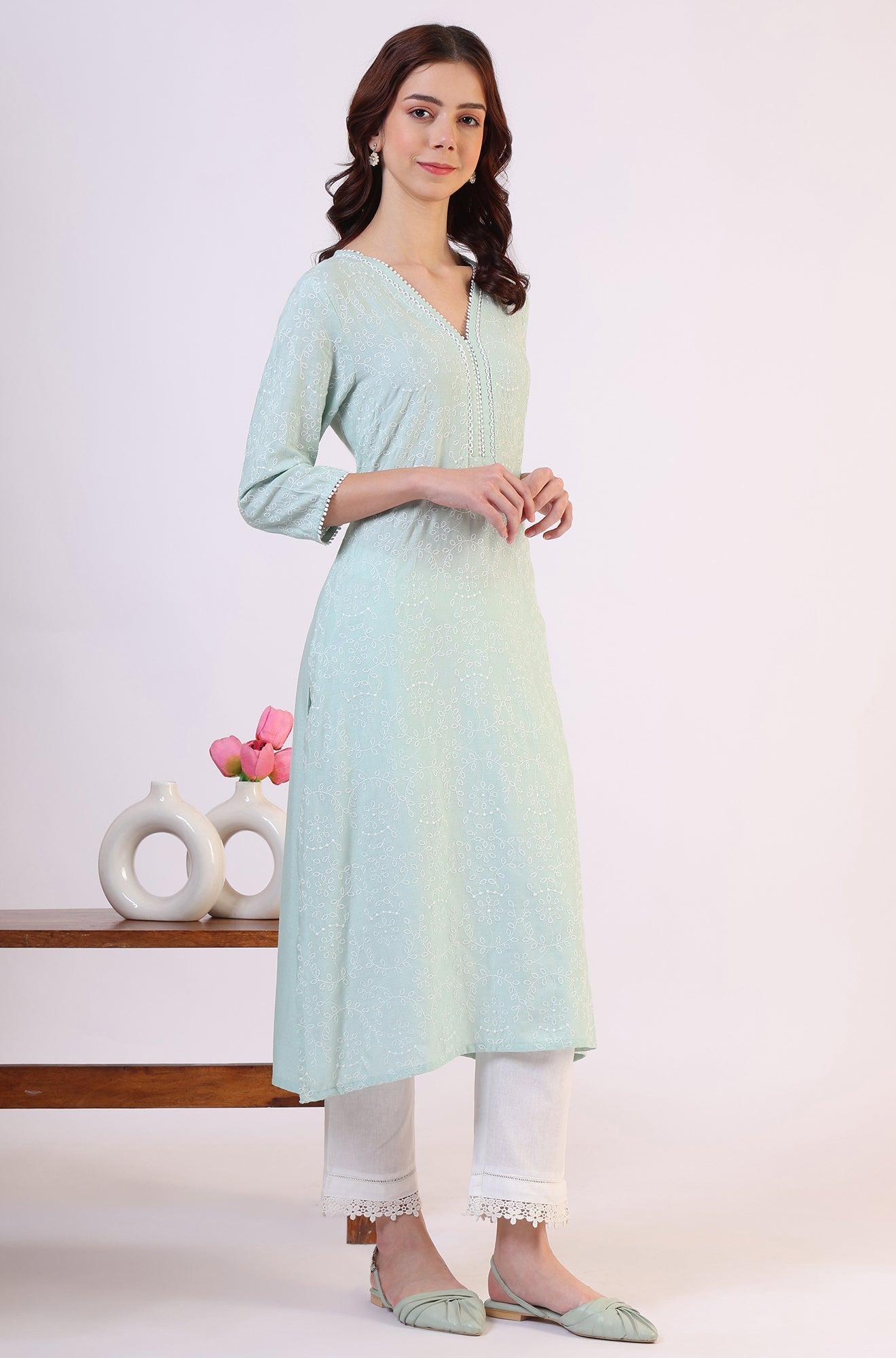 W for Woman Blue Schiffli Embroidered Straight Rayon Kurta