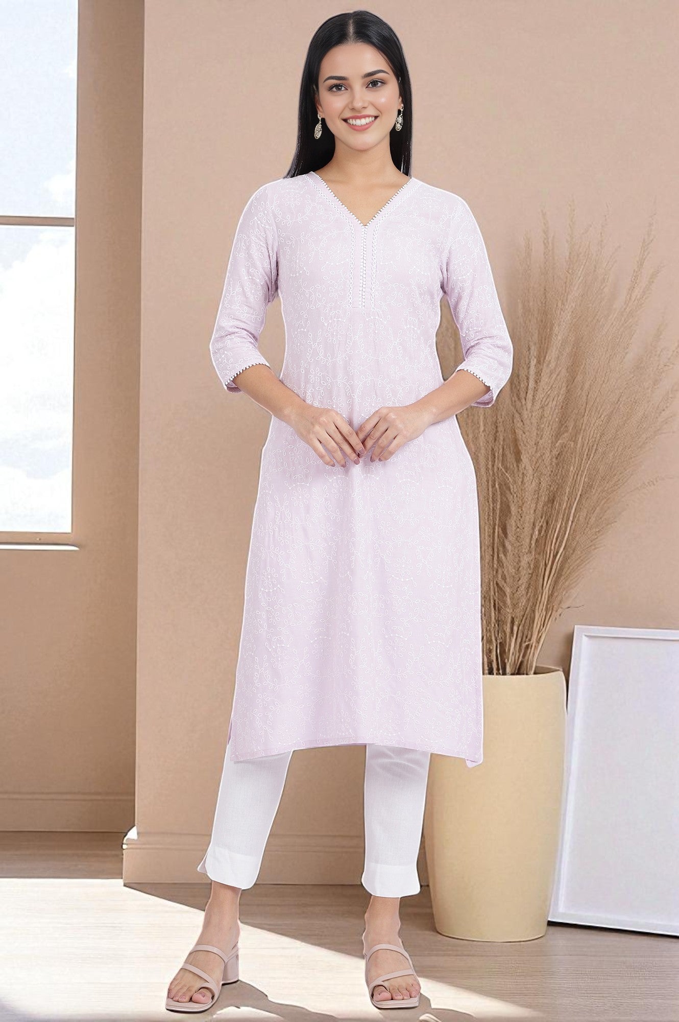 W for Woman Purple Embroidered Straight Rayon Kurta