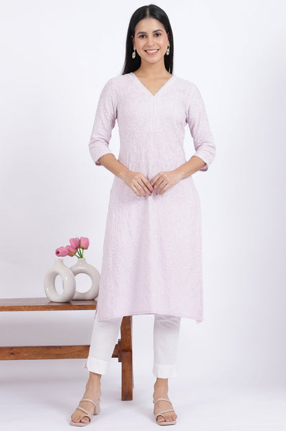 W for Woman Purple Embroidered Straight Rayon Kurta