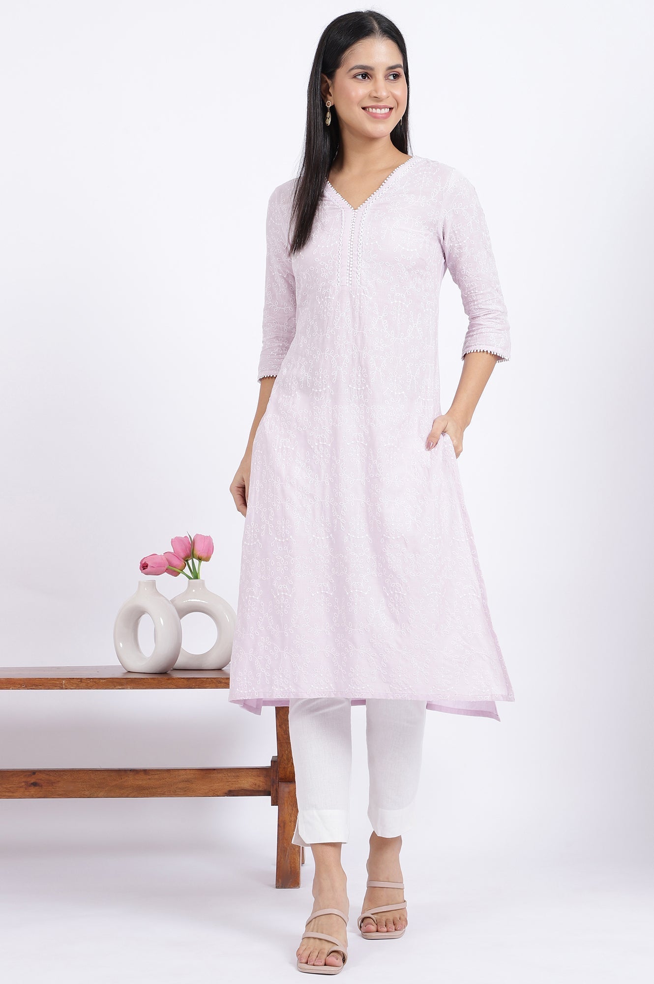 W for Woman Purple Embroidered Straight Rayon Kurta