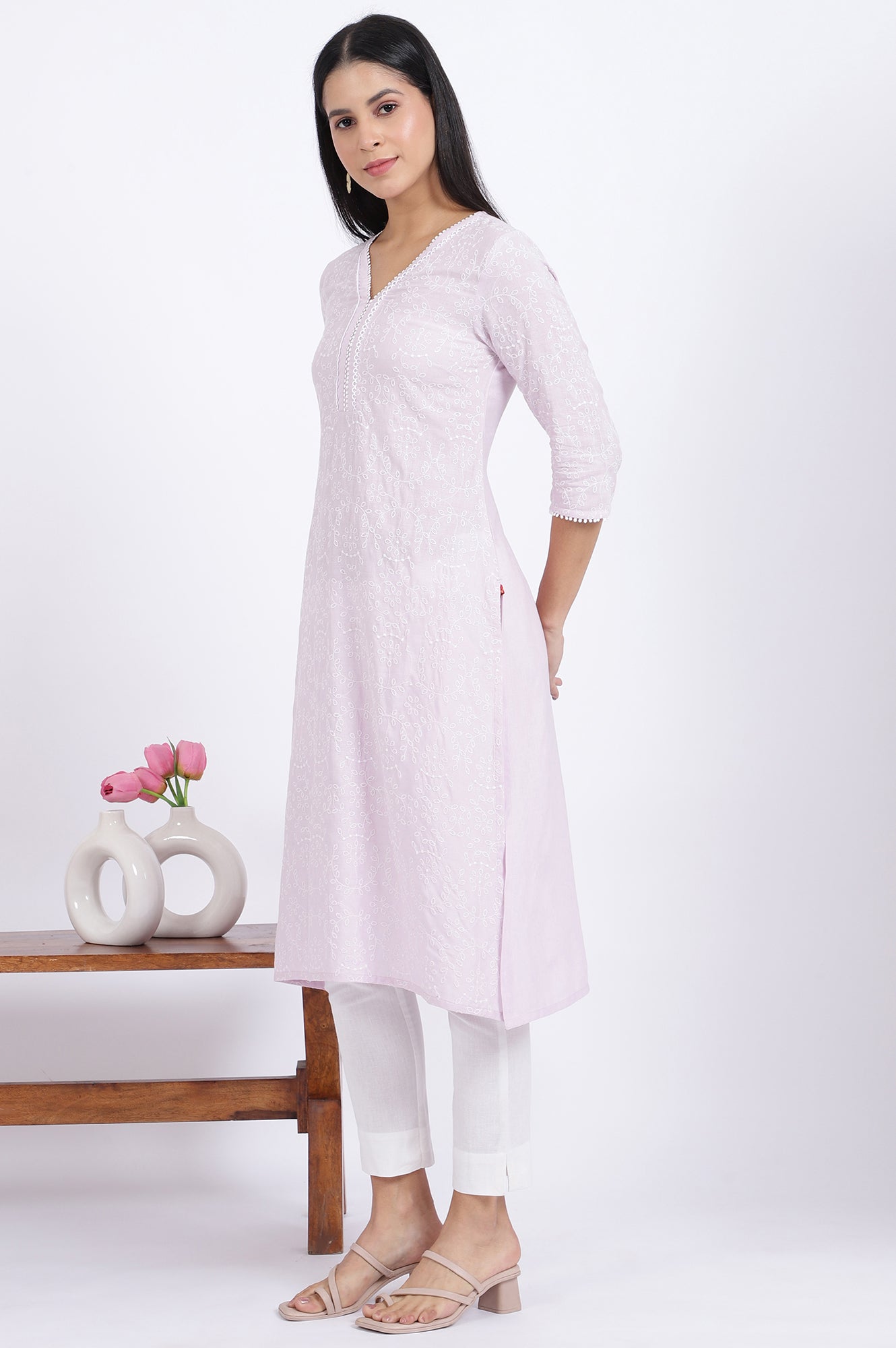 W for Woman Purple Embroidered Straight Rayon Kurta