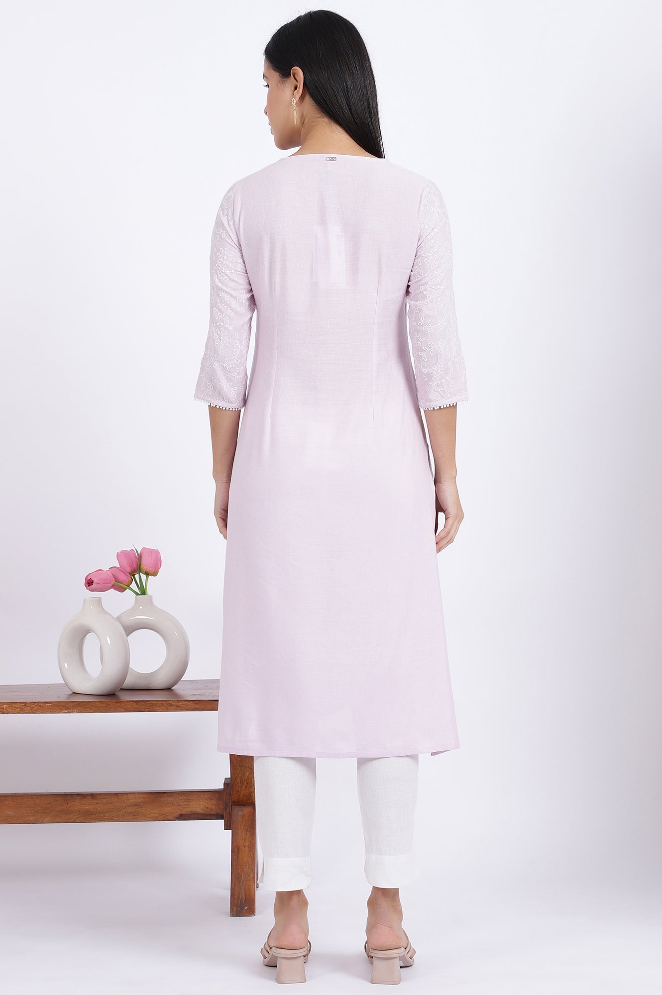 W for Woman Purple Embroidered Straight Rayon Kurta