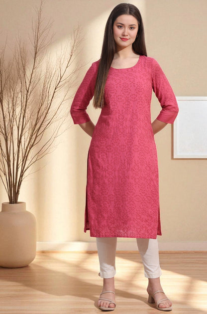W for Woman Pink Floral Schiffli Embroidered Straight Kurta in Round Neck