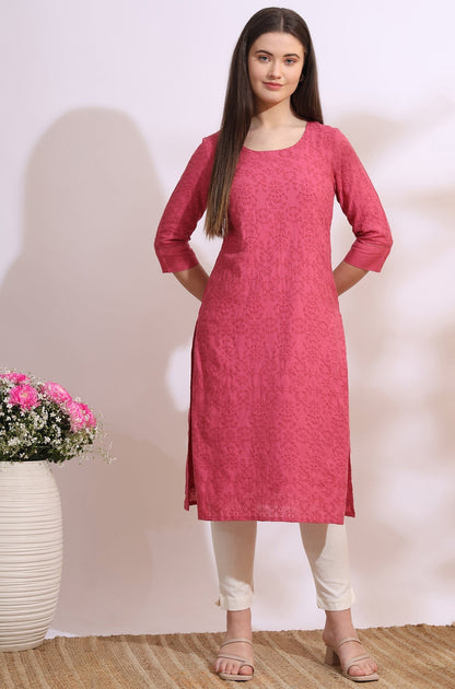 W for Woman Pink Floral Schiffli Embroidered Straight Kurta in Round Neck