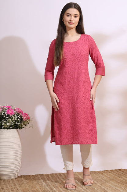 W for Woman Pink Floral Schiffli Embroidered Straight Kurta in Round Neck