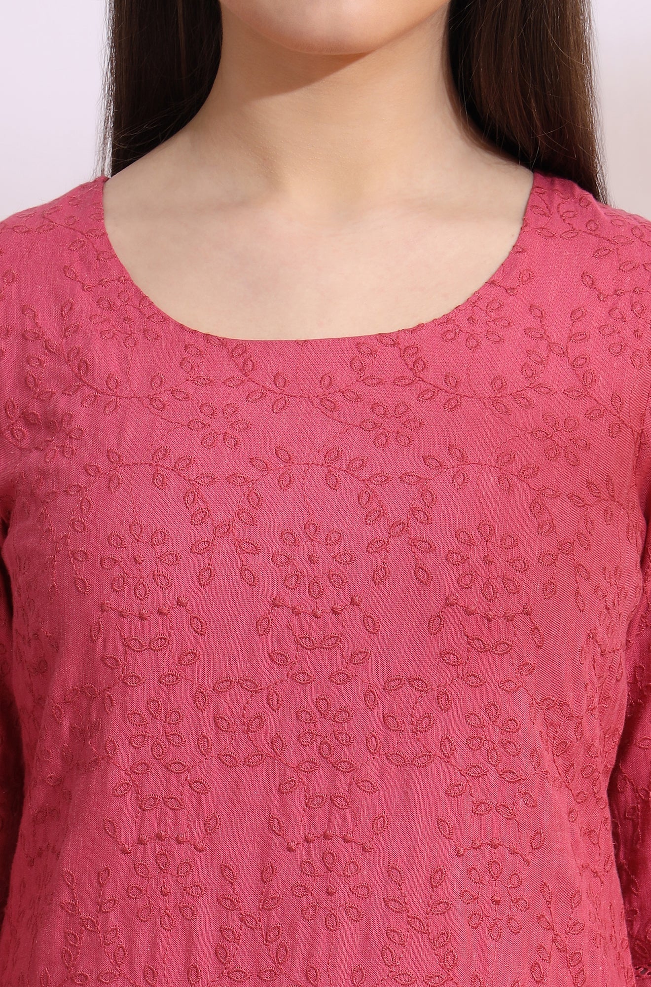 W for Woman Pink Floral Schiffli Embroidered Straight Kurta in Round Neck