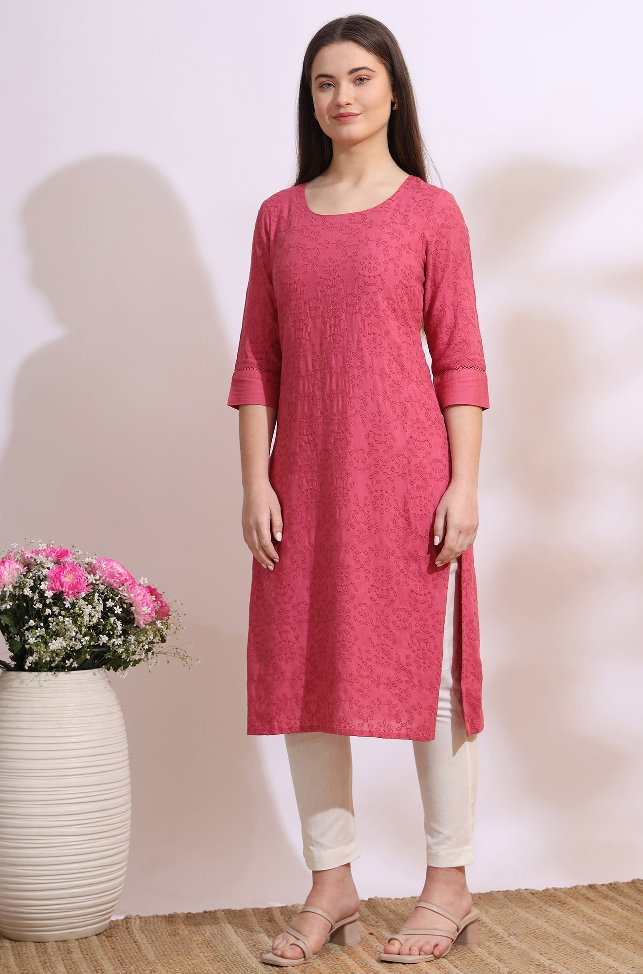W for Woman Pink Floral Schiffli Embroidered Straight Kurta in Round Neck