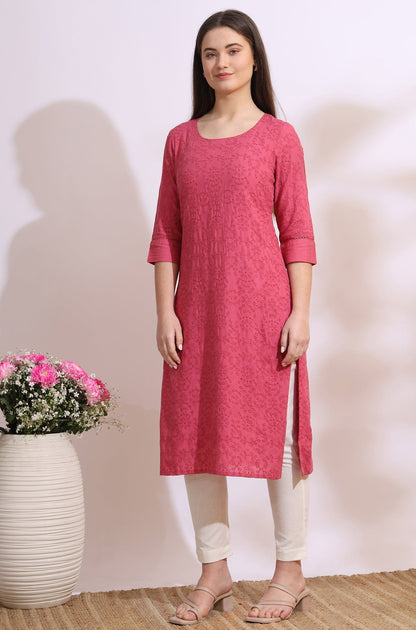 W for Woman Pink Floral Schiffli Embroidered Straight Kurta in Round Neck