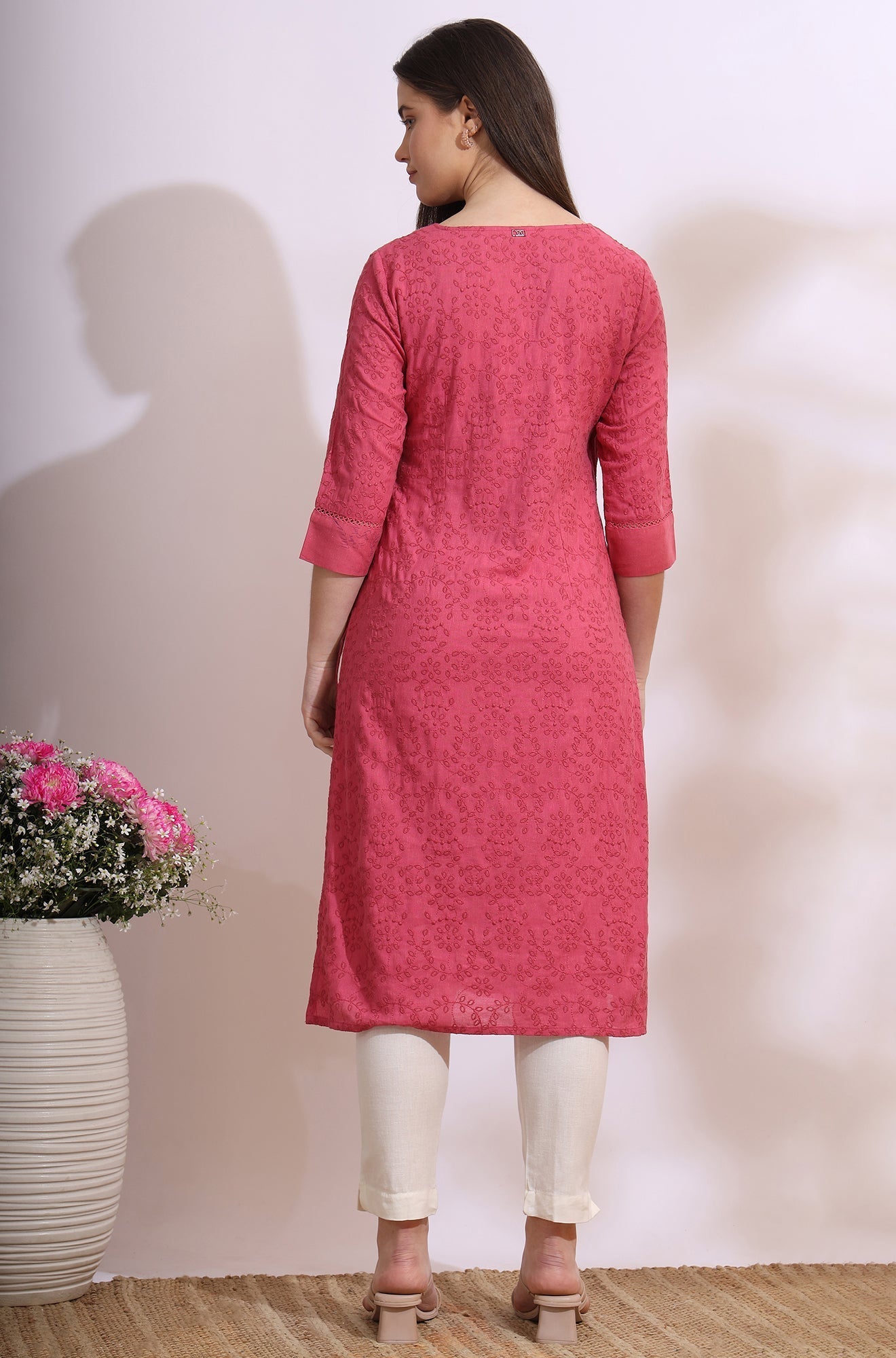 W for Woman Pink Floral Schiffli Embroidered Straight Kurta in Round Neck