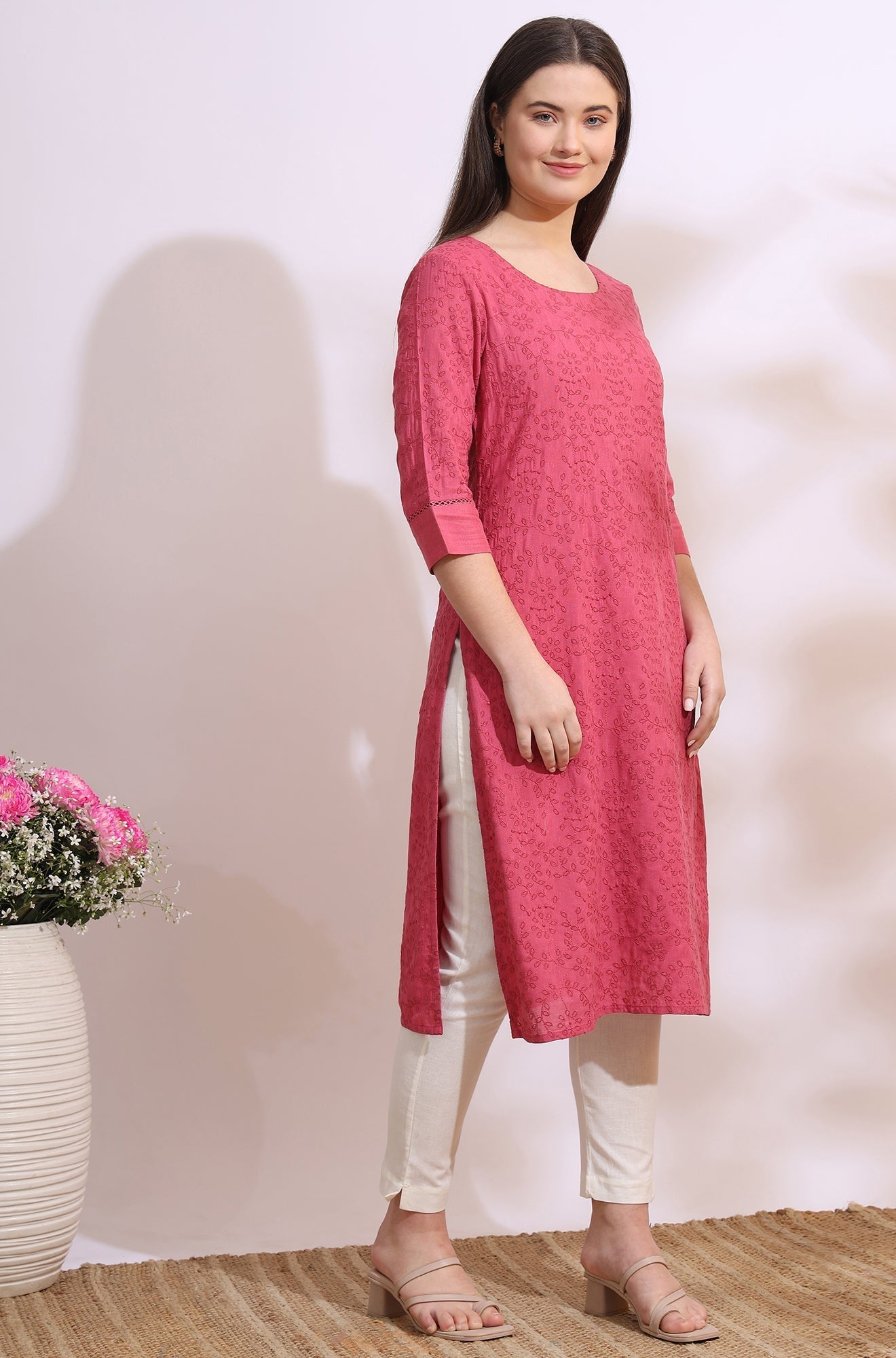 W for Woman Pink Floral Schiffli Embroidered Straight Kurta in Round Neck