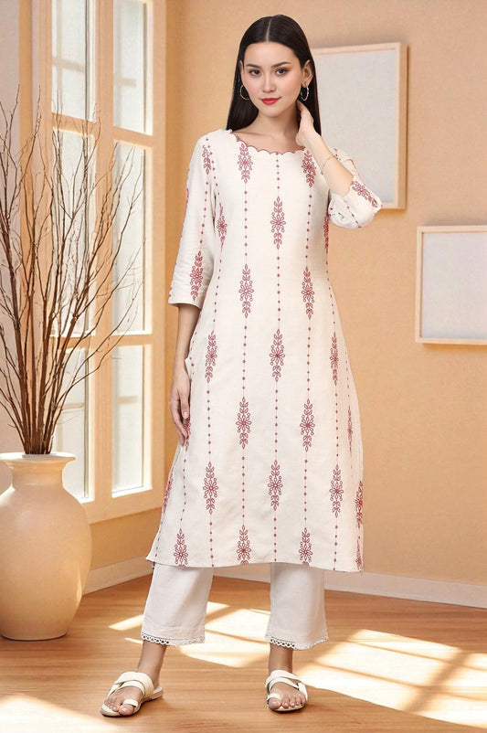 W for Woman Light Beige Thread Embroidered Cotton Flax Straight Kurta