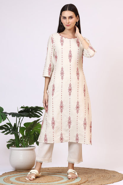 W for Woman Light Beige Thread Embroidered Cotton Flax Straight Kurta