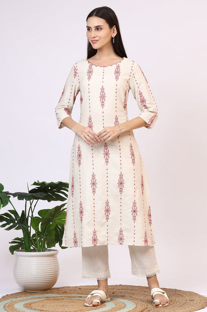 W for Woman Light Beige Thread Embroidered Cotton Flax Straight Kurta