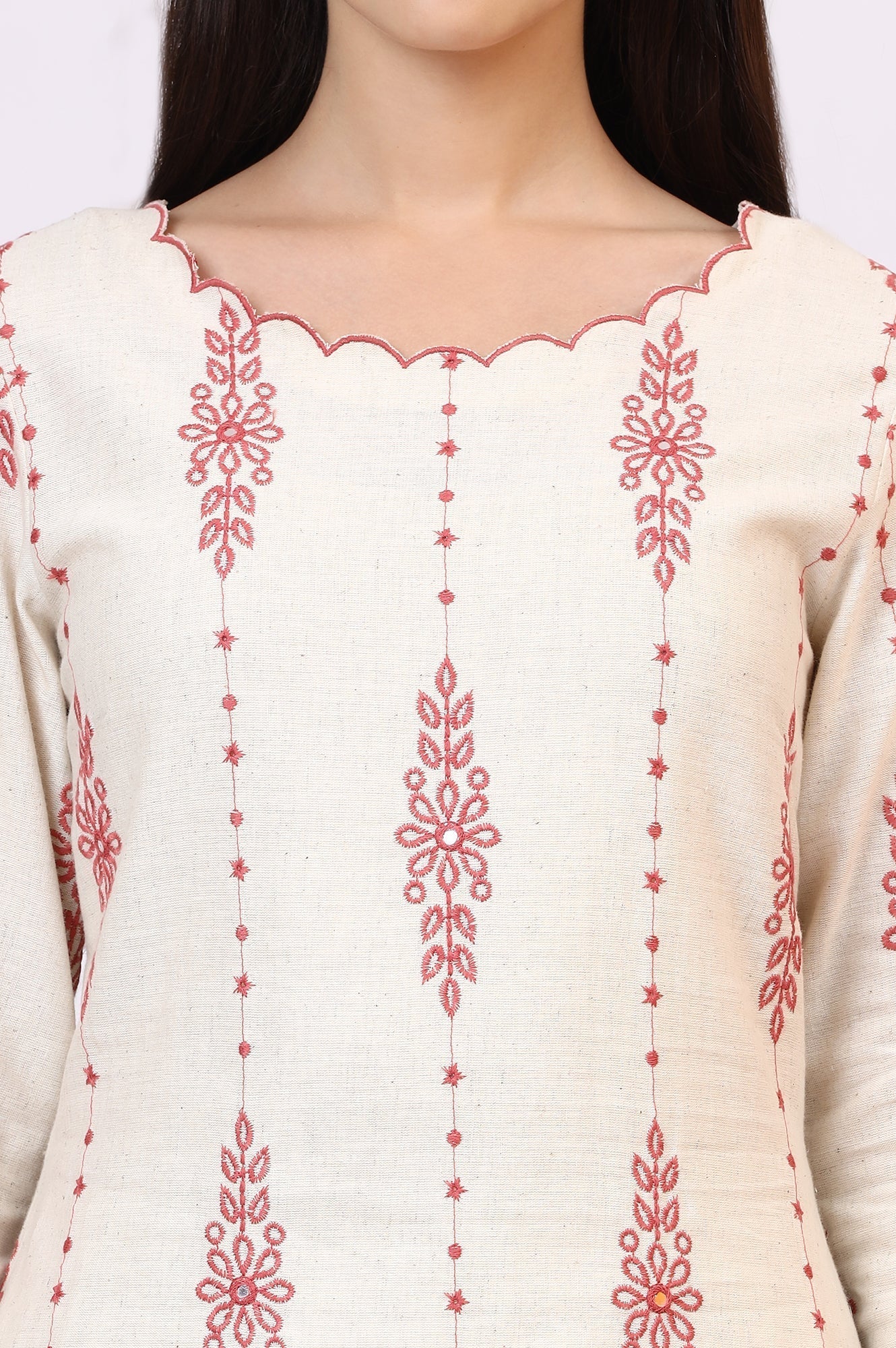 W for Woman Light Beige Thread Embroidered Cotton Flax Straight Kurta