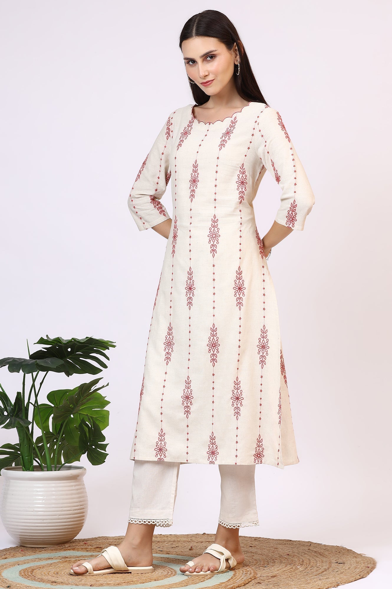 W for Woman Light Beige Thread Embroidered Cotton Flax Straight Kurta