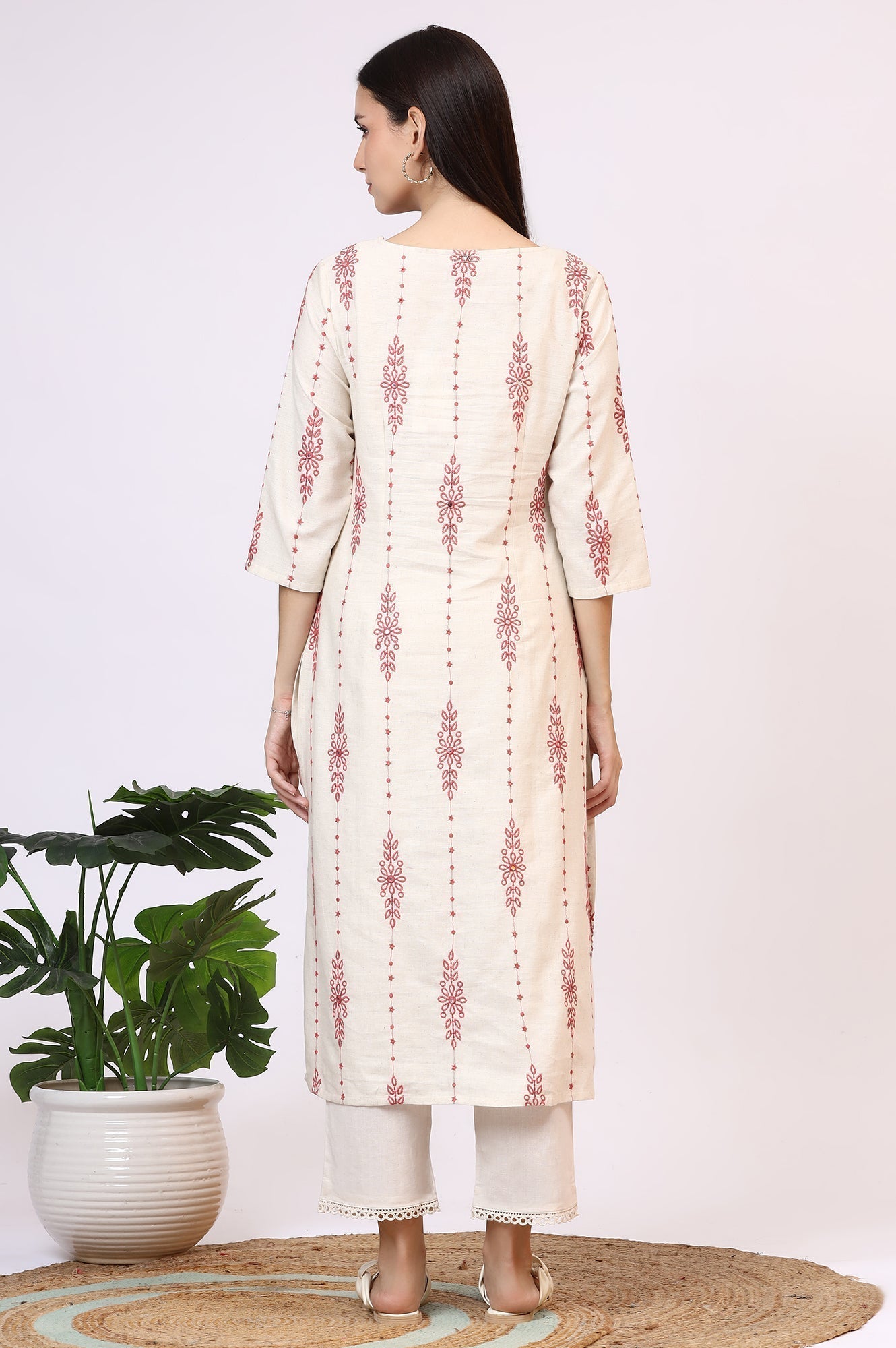 W for Woman Light Beige Thread Embroidered Cotton Flax Straight Kurta