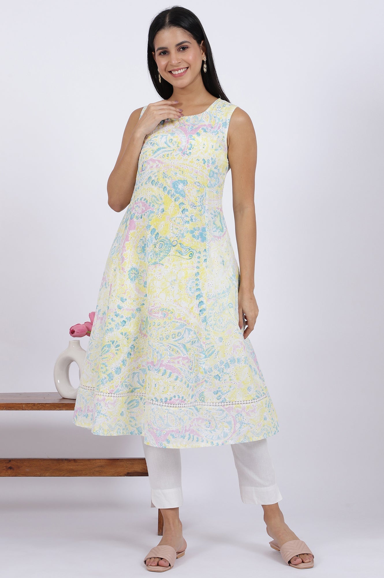 W for Woman Multicolor Printed Flared Pure Cotton Kurta