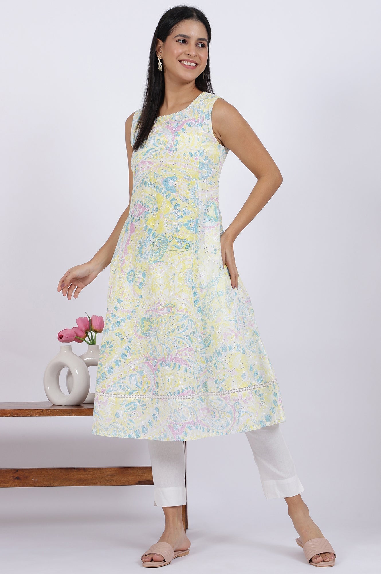 W for Woman Multicolor Printed Flared Pure Cotton Kurta