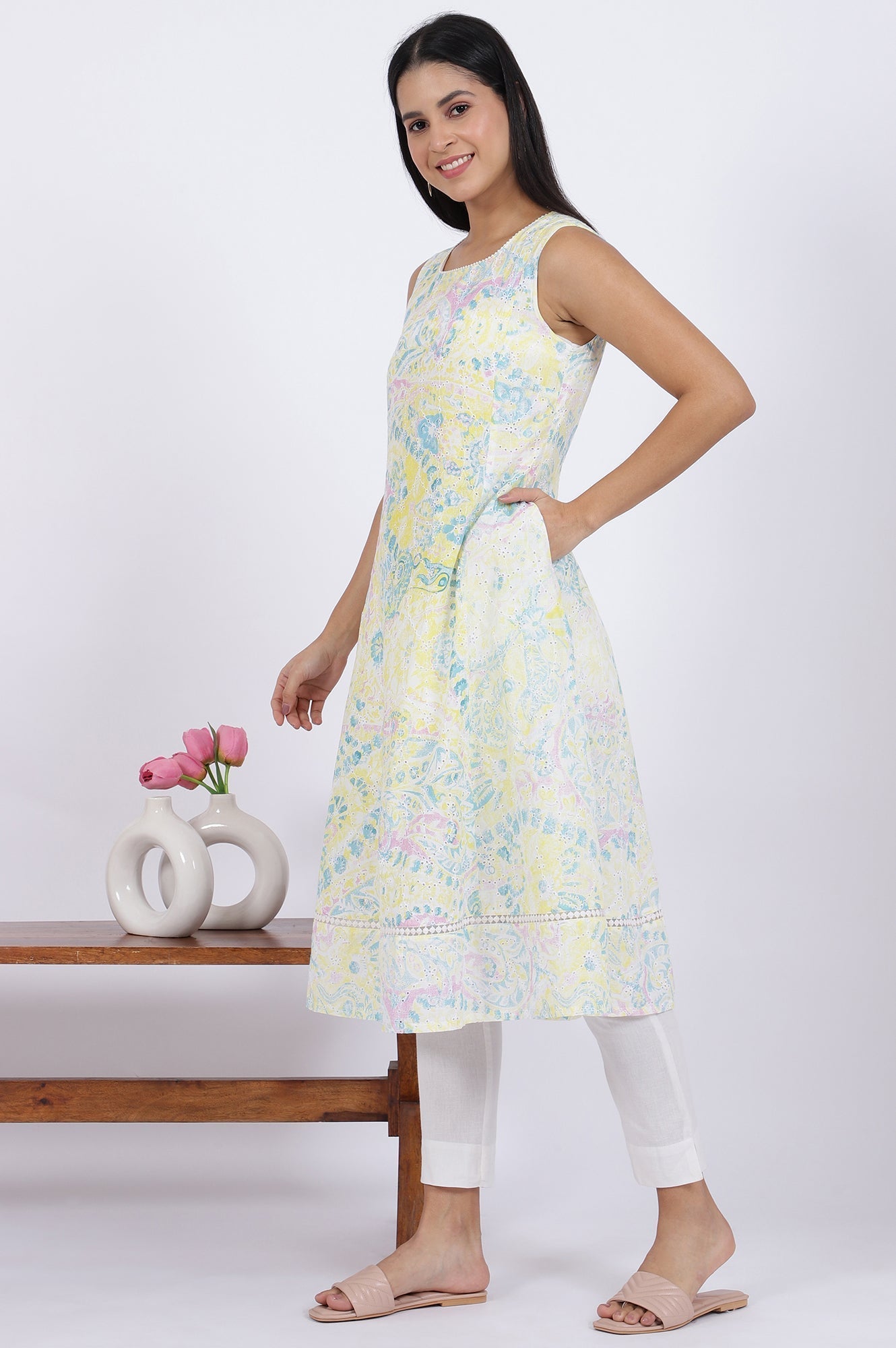 W for Woman Multicolor Printed Flared Pure Cotton Kurta