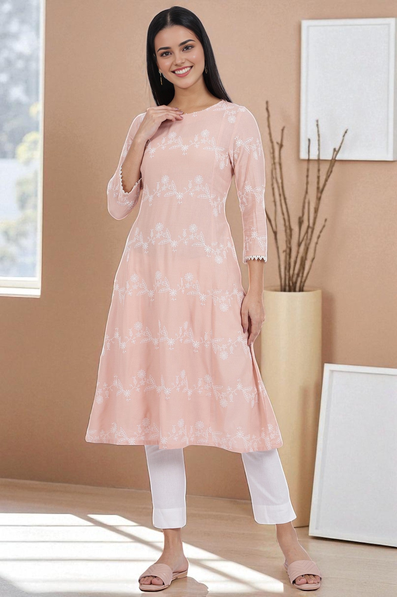 W for Woman Pink Embroidered Flared Rayon Kurta