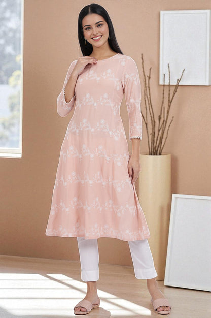 W for Woman Pink Embroidered Flared Rayon Kurta