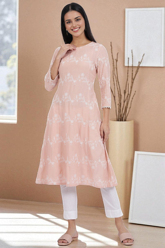 W for Woman Pink Embroidered Flared Rayon Kurta