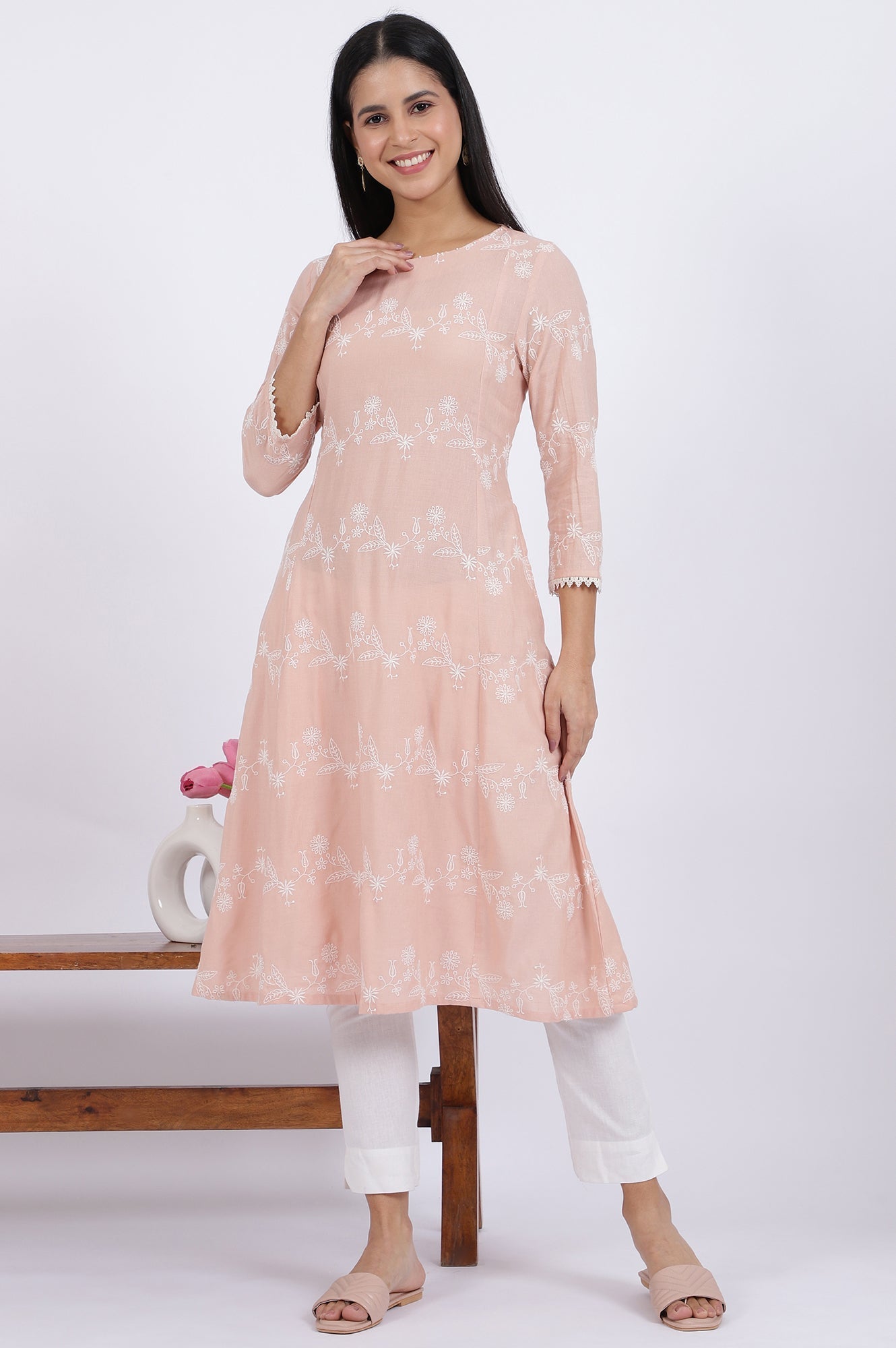 W for Woman Pink Embroidered Flared Rayon Kurta