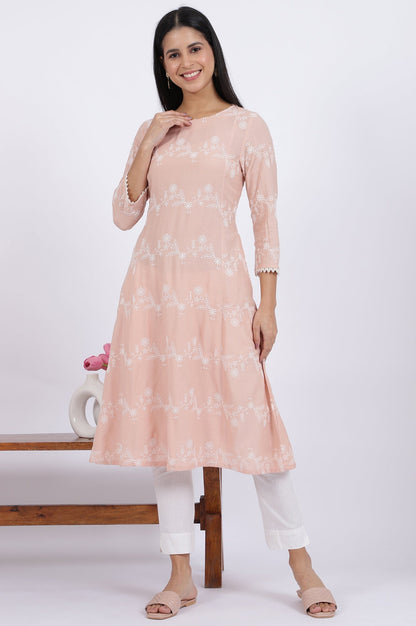 W for Woman Pink Embroidered Flared Rayon Kurta