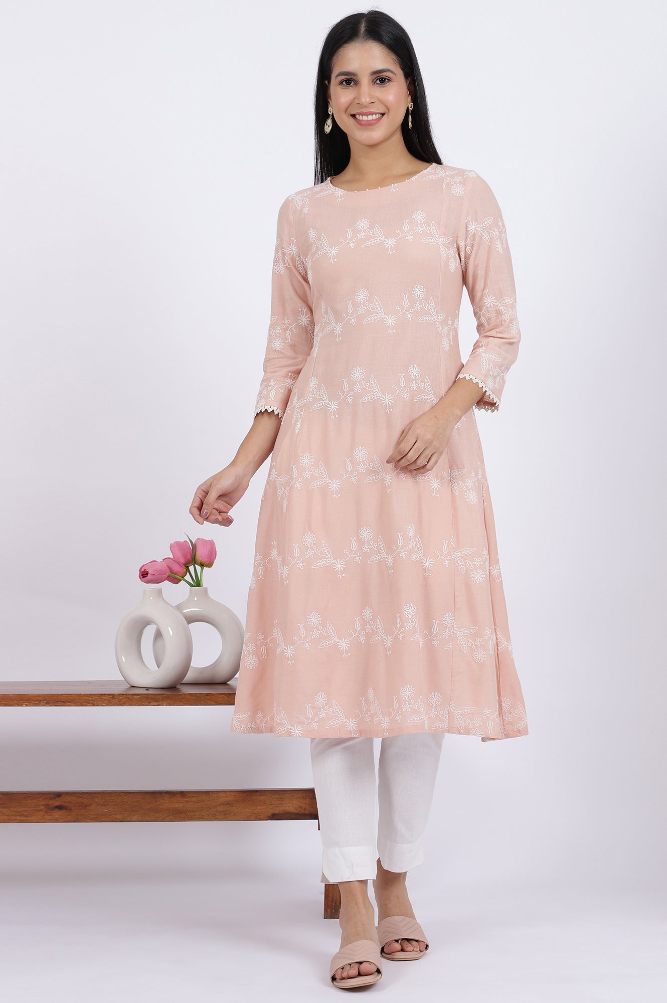 W for Woman Pink Embroidered Flared Rayon Kurta